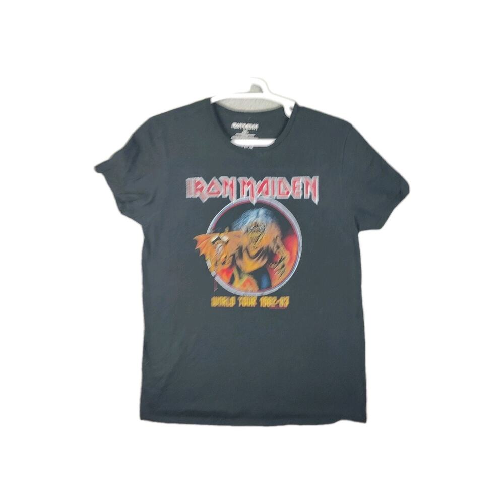 Iron Maiden Shirt Black Men's Large World Tour 1982-83 Reprint 80s Rock Band Tee